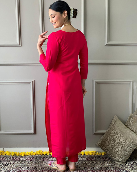 Women Embroidered Straight Kurta with Pants & Dupatta