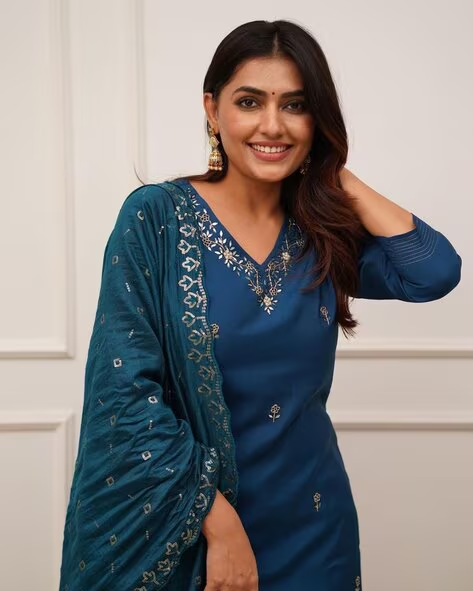 Women Embroidered Straight Kurta with Pants & Dupatta