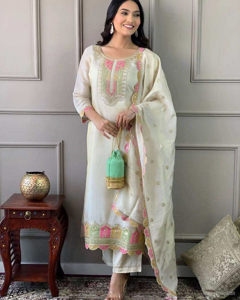 Women Embroidered Straight Kurta Pants Set with Dupatta
