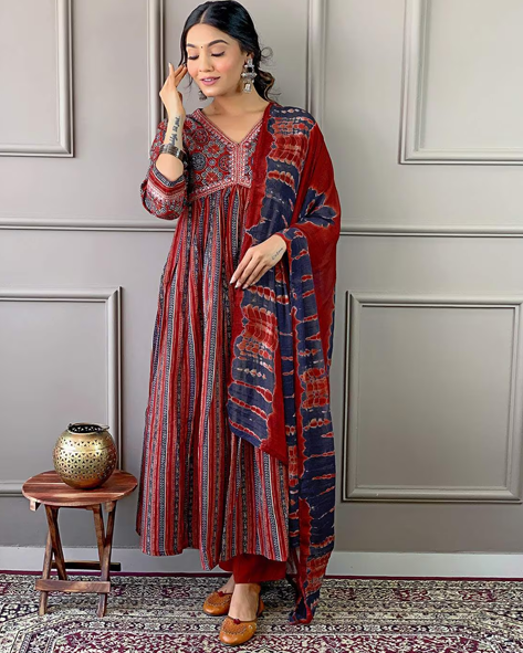 Women Embroidered Flared Kurta with Pants & Dupatta
